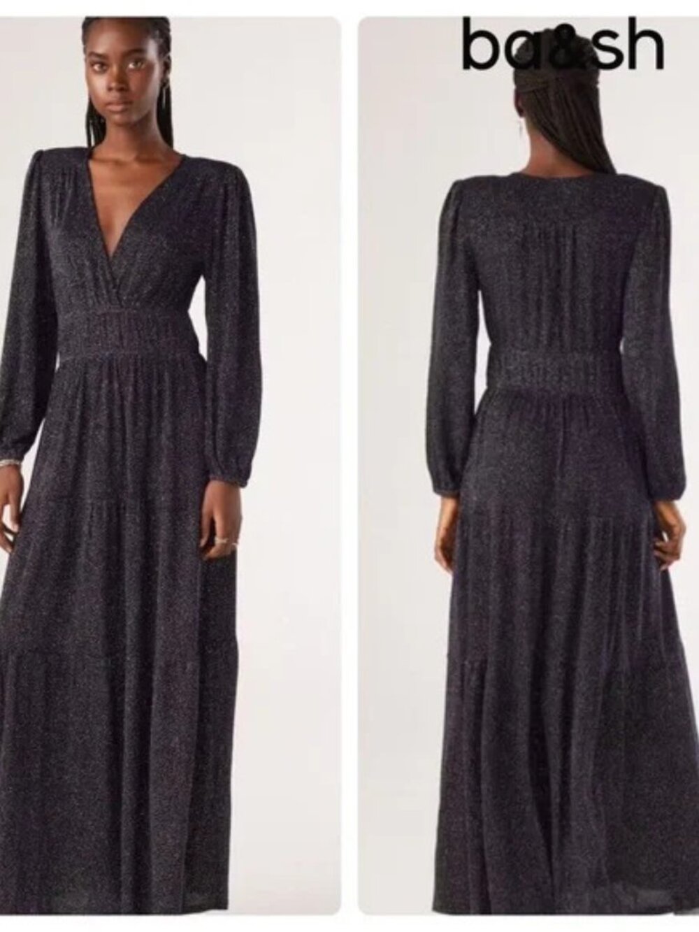 ba&sh Robe Falone Glitter Long Sleeve Maxi Dress Navy